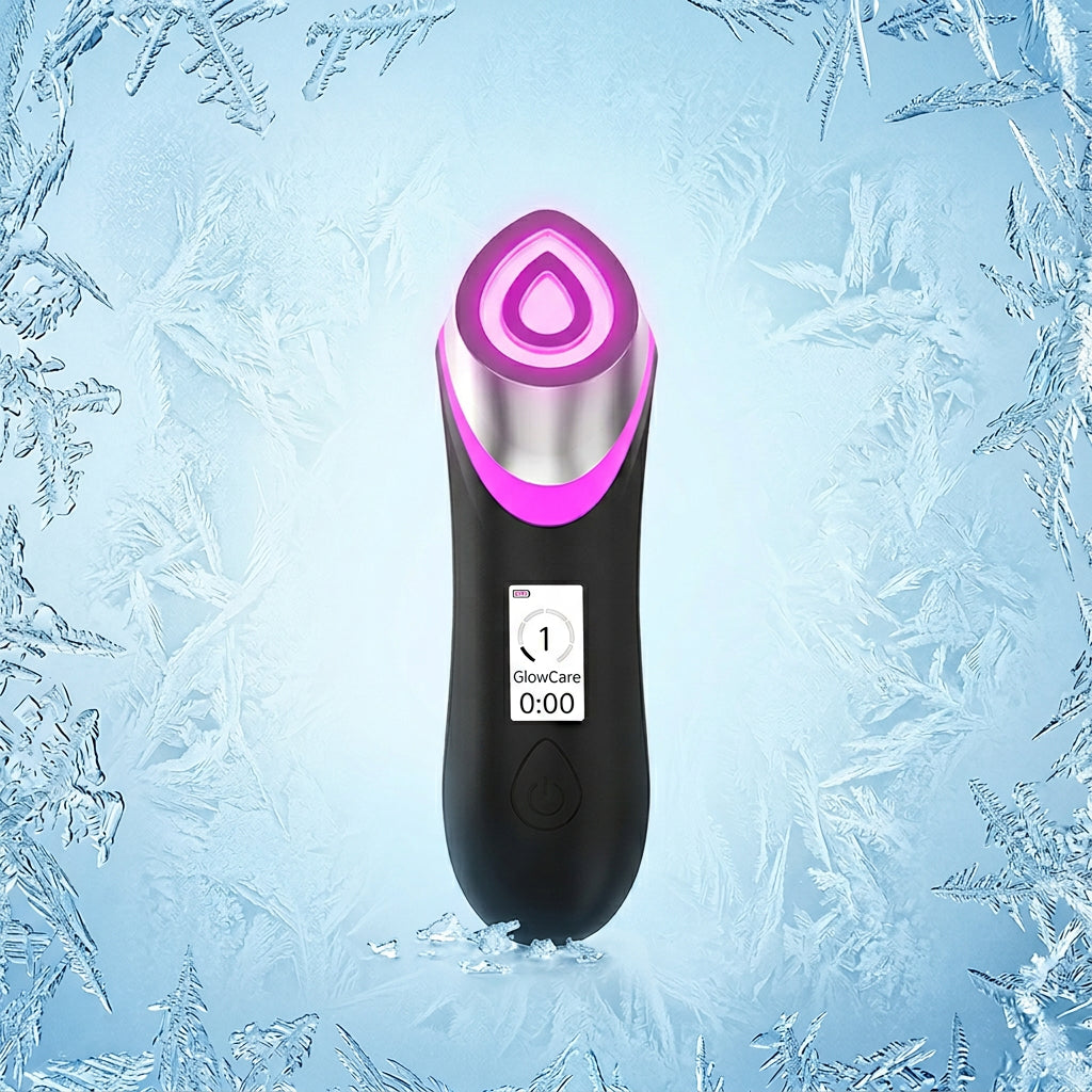 CryoGlow Microcurrent Device - purple light mode on icy background